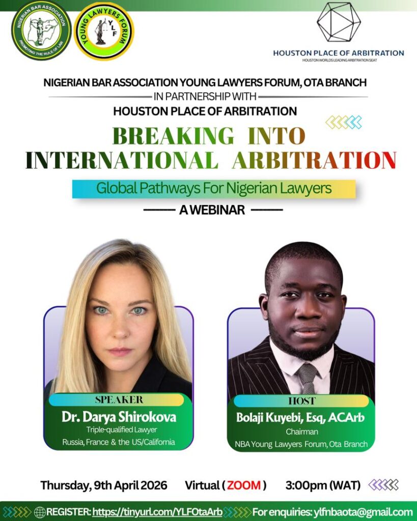 NBA-YLF Ota Branch to Host International Arbitration Webinar with U.S.-Based Houston Place of Arbitration