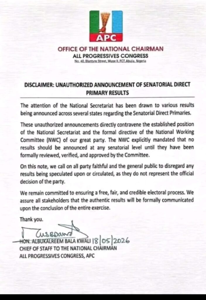 APC Disowns ‘Unauthorized’ Senatorial Primary Results, Warns Against Premature Announcements